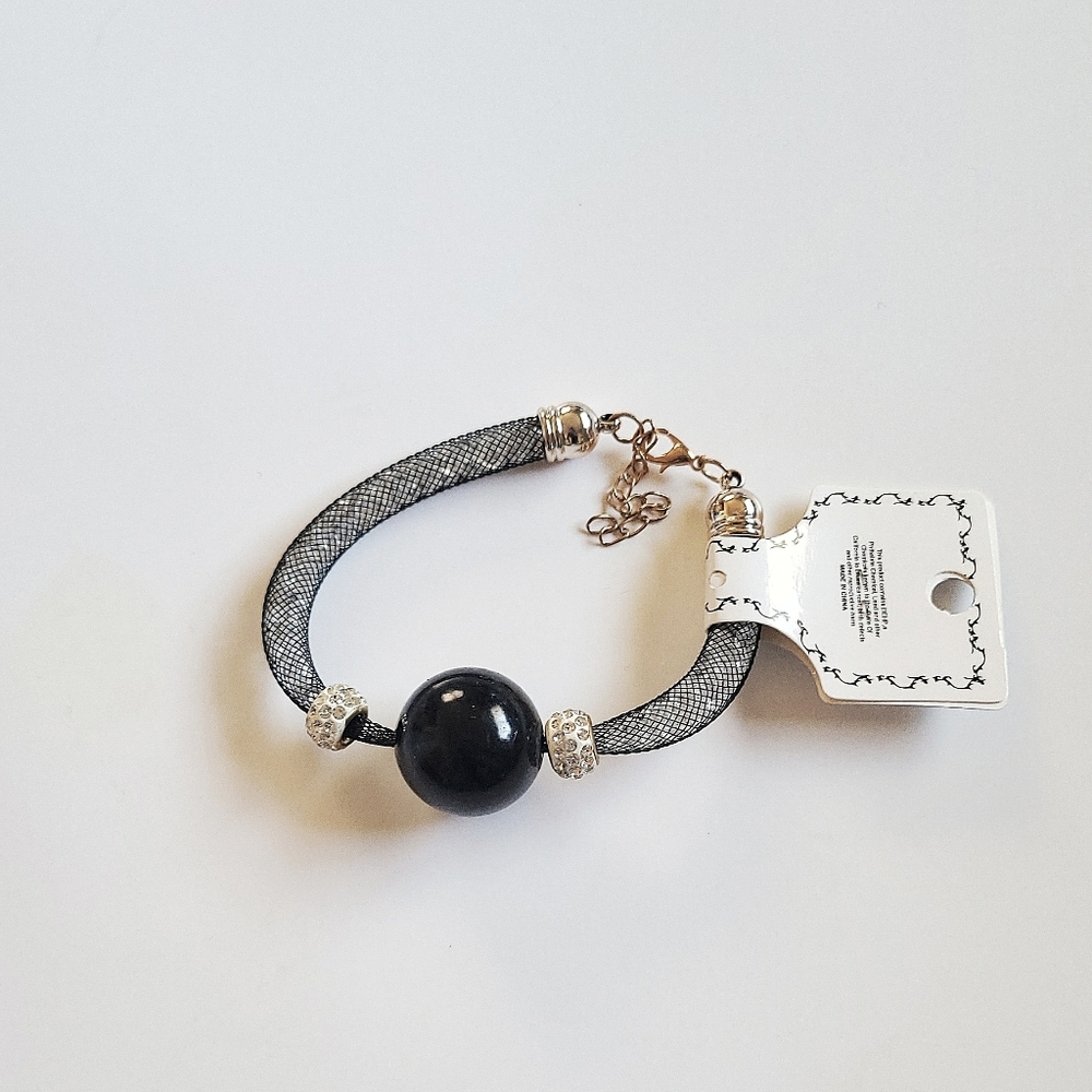 New Black Mesh Bracelet with Center Bead Rhinestone Accents Adjustable